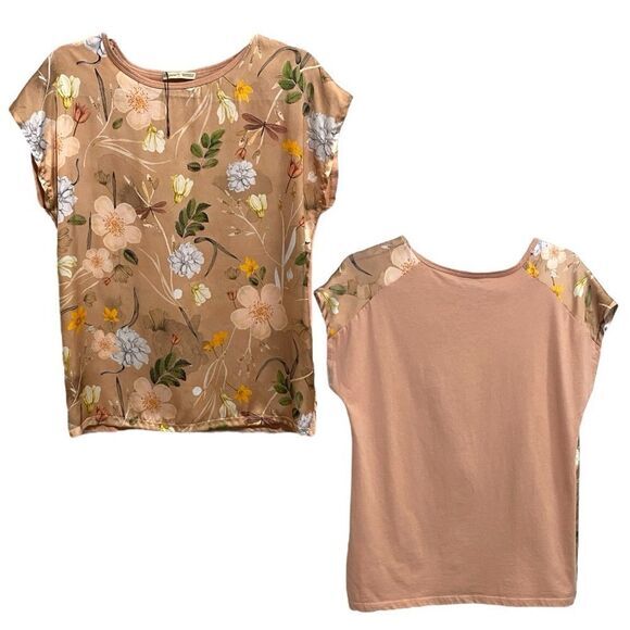 Zara Woman Floral Print Blouse Beige Peach Short Sleeve Top Size S‎ - Picture 1 of 9